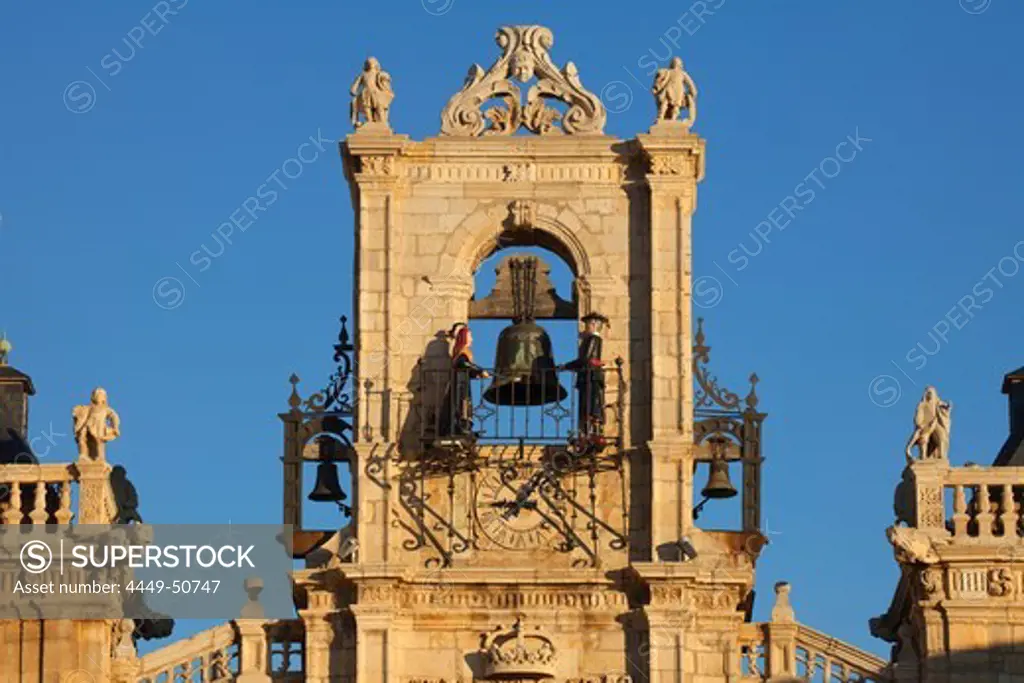 Bell tower of the townhall in the sunlight, Astorga, Province of Leon, Old Castile, Castile-Leon, Castilla y Leon, Northern Spain, Spain, Europe