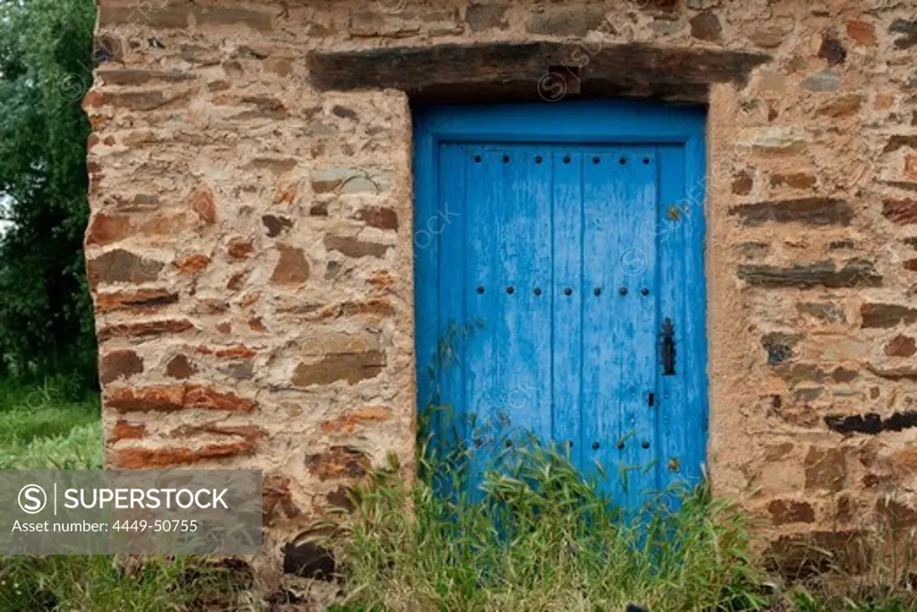 Old blue door, Castrillo de los Polvazares, Province of Leon, Old Castile, Castile-Leon, Castilla y Leon, Northern Spain, Spain, Europe