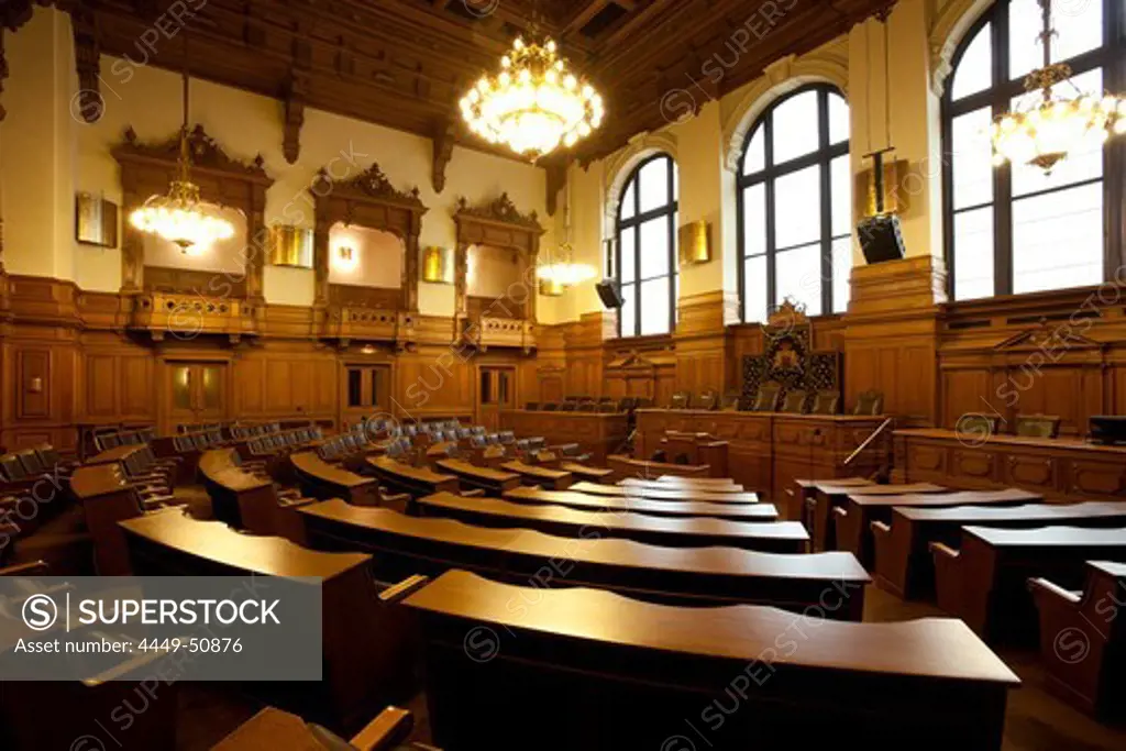 Deserted Plenarsaal der Buergerschaft, Hamburg Town Hall, Hanseatic city of Hamburg, Germany, Europe