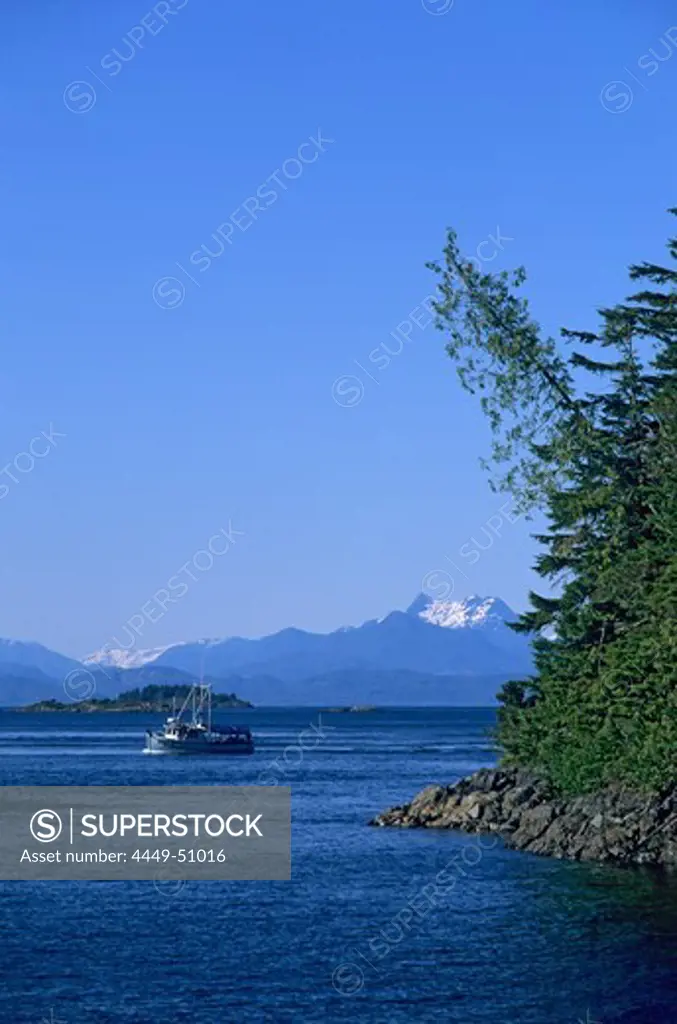 Boat and coast area under blue sky, Telegraph Cove, Vancouver Island, British Columbia, Canada, America
