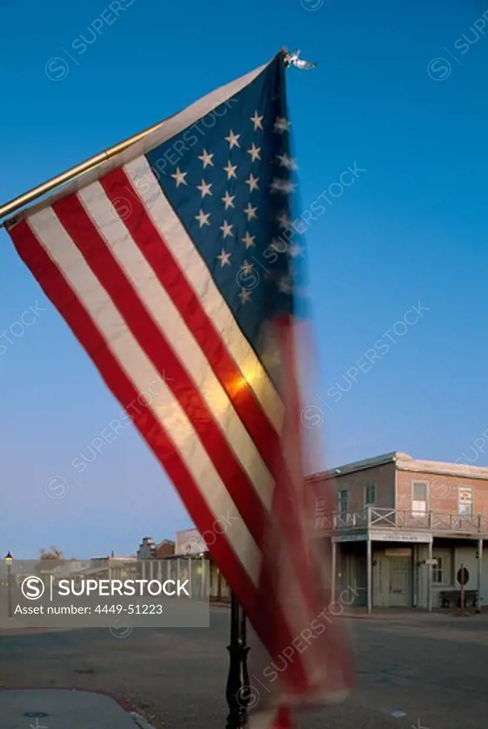 Street scene with flag, Stars and Stripes, Allen Street, Tombstone, Arizona, USA