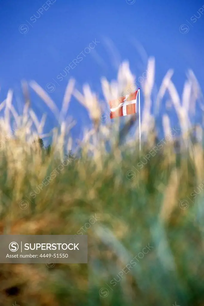 Dannebrog Flag behind sand dunes, Blovand, Southern Jutland, Denmark