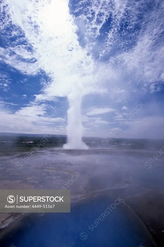 Strokkur Geyser Eruption, Steam from Blesi Pool, Geysir, Iceland