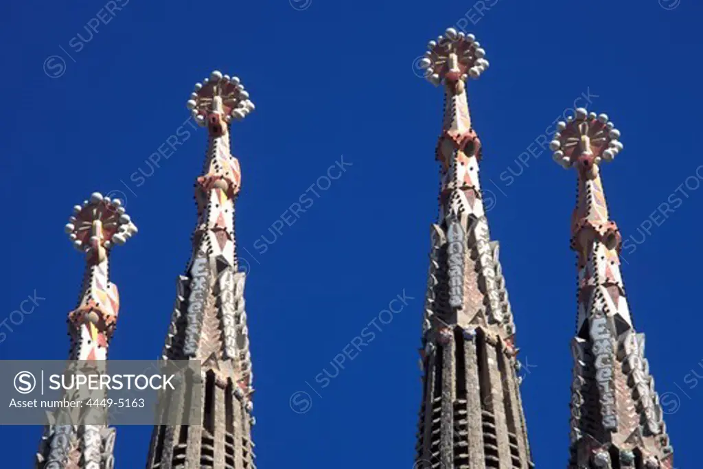 The steeples of the basilica Sagrada Familia in the sunlight, Barcelona, Spain, Europe