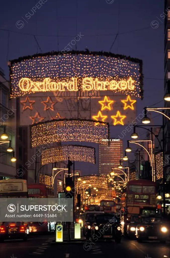 Christmas lights above Oxford Street in the evening, London, England, Great Britain, Europe