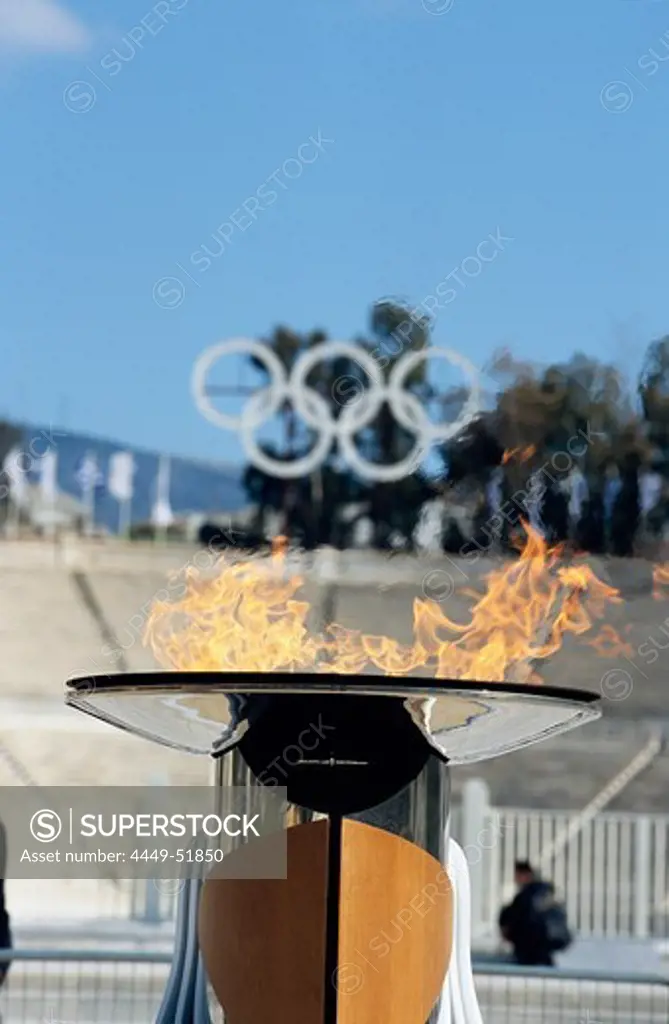 Olympic Flame and olympic rings at Panathenian Stadium, Athens, Greece