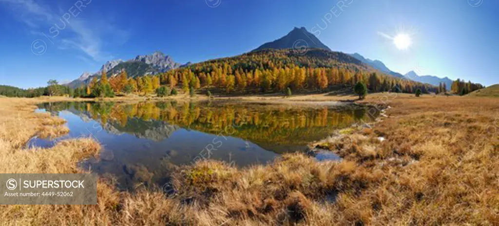 Panorama with lake near Tarasp with larches in autumn colours and Piz Lischana, Piz San Jon and Piz Lavetscha, Unterengadin, Engadin, Grisons, Switzerland