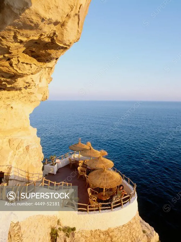 Cova d'es Xoroi, Cave and terace at the steep coast, Bar, Disco, Cala en Porter, Menorca, Minorca, Balearic Islands, Spain
