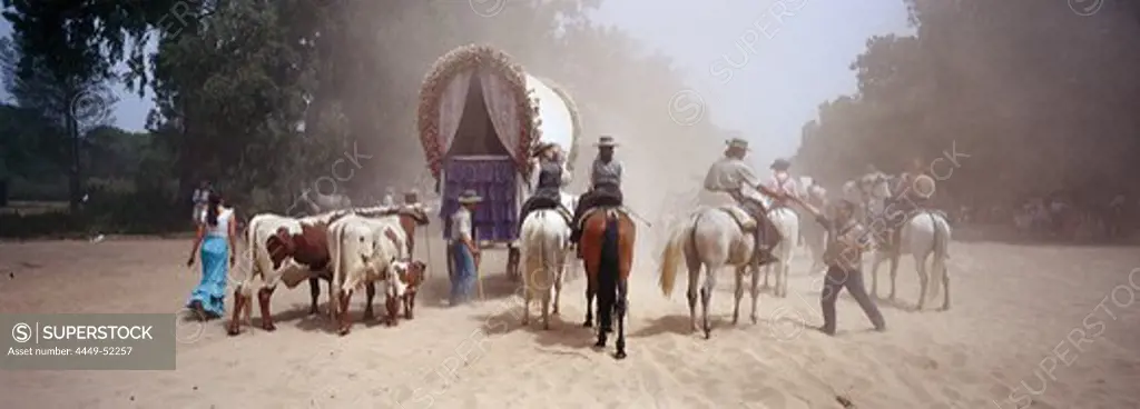 Pilgrims travelling afoot, on horseback and with oxcarts on the sandy Raya Real, Andalusia, Spain