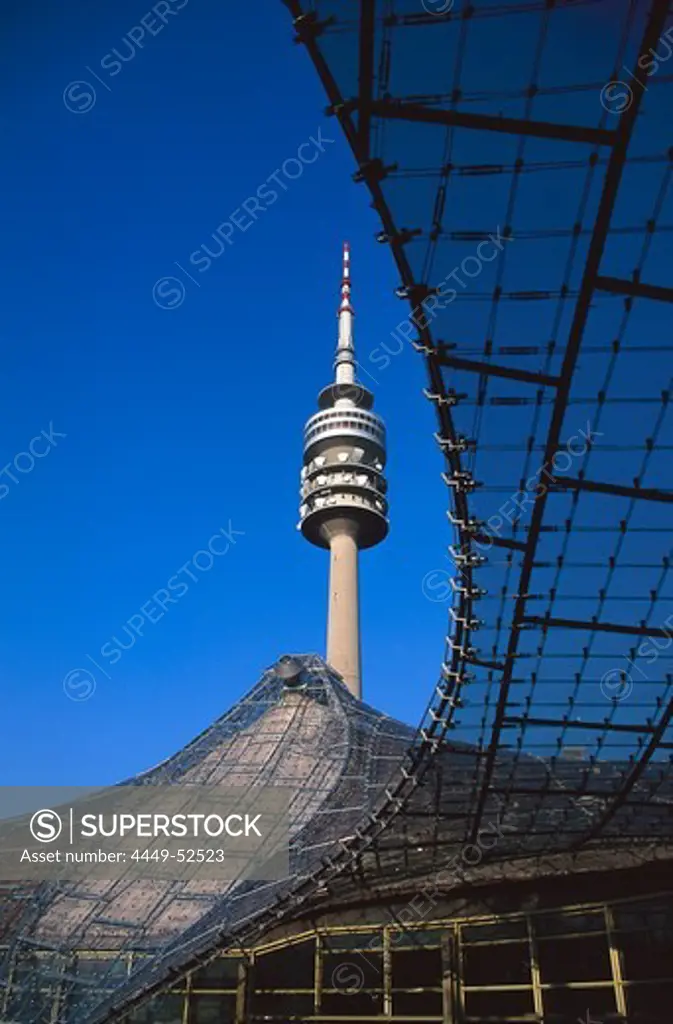 Olympia television tower and Olympia Park under blue sky, Munich, Bavaria, Germany, Europe
