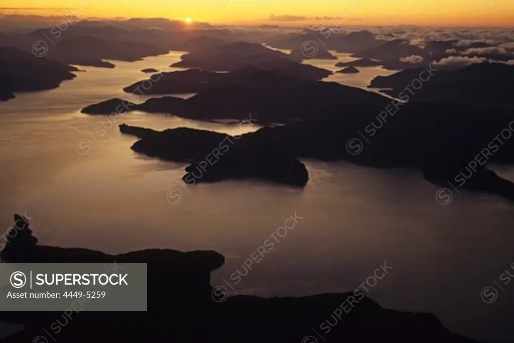 Aerial view of Marlborough Sounds at sunset, New Zealand, Oceania