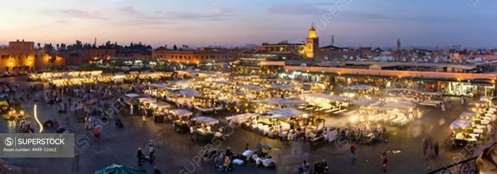 Panorama of Jemaa El Fna, the heart of Marrakech, Morocco, Africa
