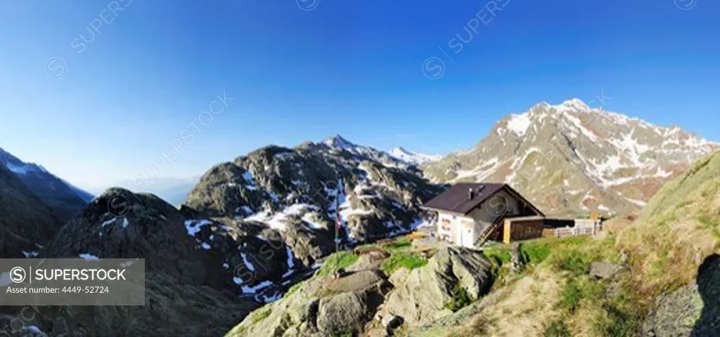 Panorama of the hut Grohmannhuette with view towards Botzer, Ridnauntal valley, Stubai mountain range, Vinschgau, South Tyrol, Italy