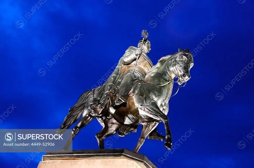 Sculpture of Friedrich-Wilhelm III on his horse, memorial on the Heumarkt square in the evening, Cologne, Rhineland, NRW, North Rhine-Westphalia, Germany, Europe