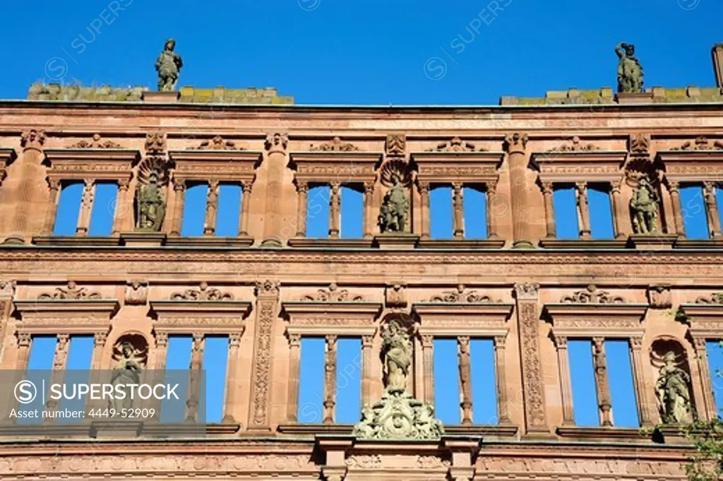 Facade with windows in Renaissance style, Ottheinrichsbau, Heidelberg, Baden-Wuerttemberg, Germany, Europe