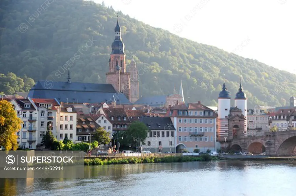 Holy Ghost Church, Old Bridge or Karl-Theodor Bridge in the sunlight, Heidelberg, Neckar Valley, Baden-Wuerttemberg, Germany, Europe