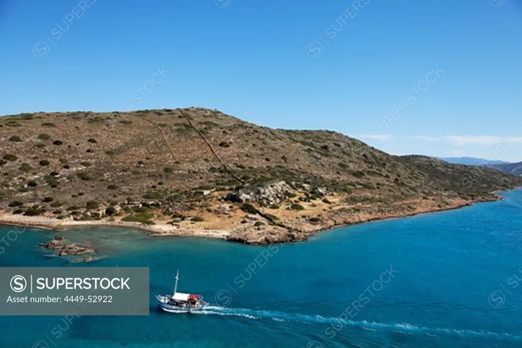 Excursion boat, Island of Spinalonga, Lasithi prefecture, Gulf of Mirabella, Crete, Greece
