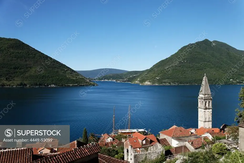 View of Sveti Nikola church with bell tower, Perast, Bay of Kotor, Montenegro, Europe