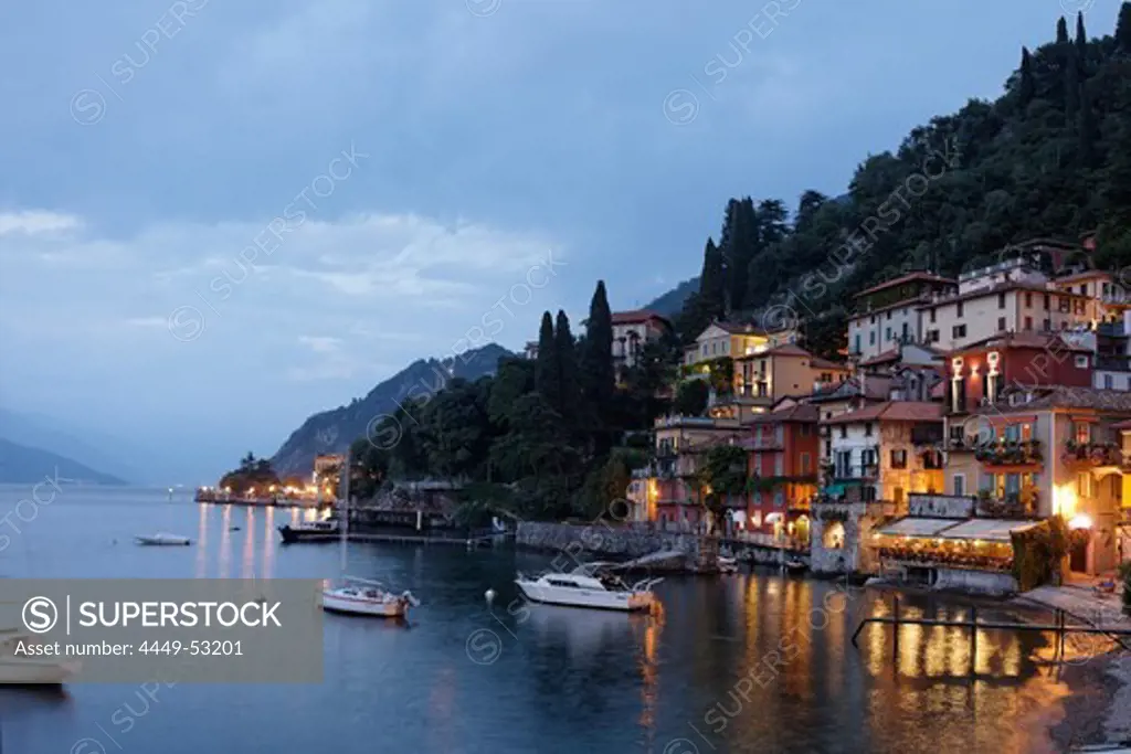 Restaurants at the lake, evening mood, Varenna, Lake Como, Lombardy, Italy