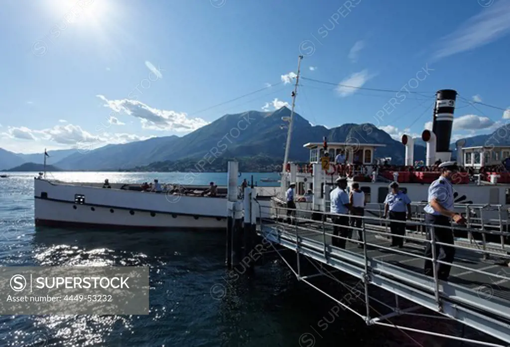 Paddle Wheel Steamer on the quay, Bellagio, Lake Como, Lombardy, Italy