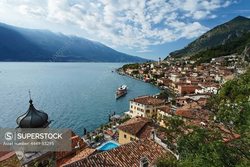 Excursion boat, view over Limone, Lake Garda, Lombardy, Italy