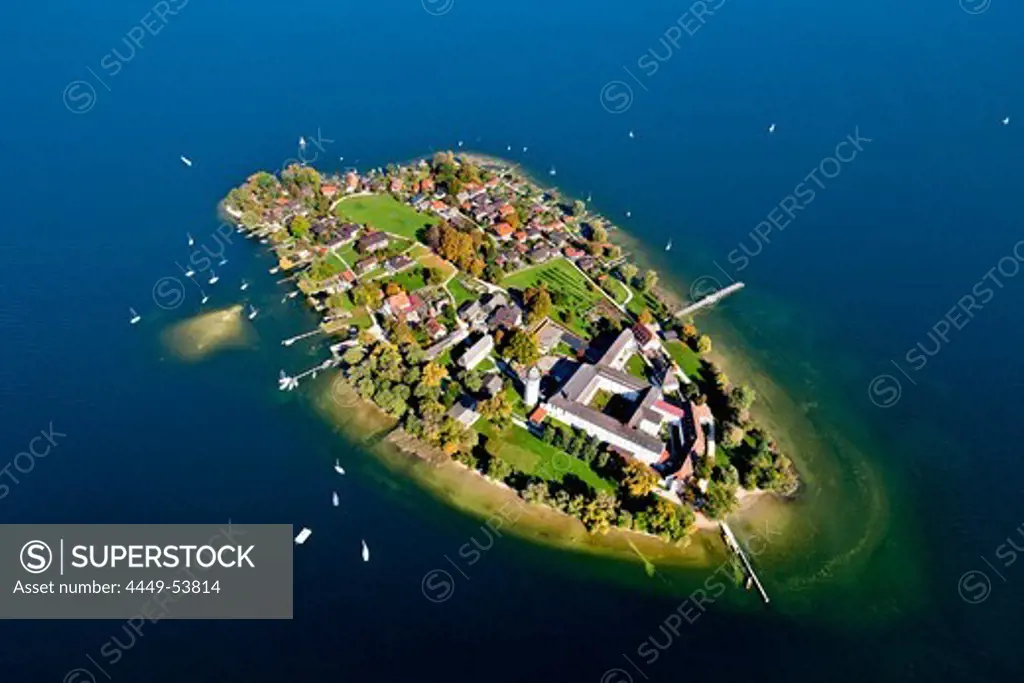 Aerial view of the Frauenchiemsee Abbey, Fraueninsel in the background with Herrenchiemsee on the left side, Chiemsee, Chiemgau, Upper Bavaria, Bavaria, Germany