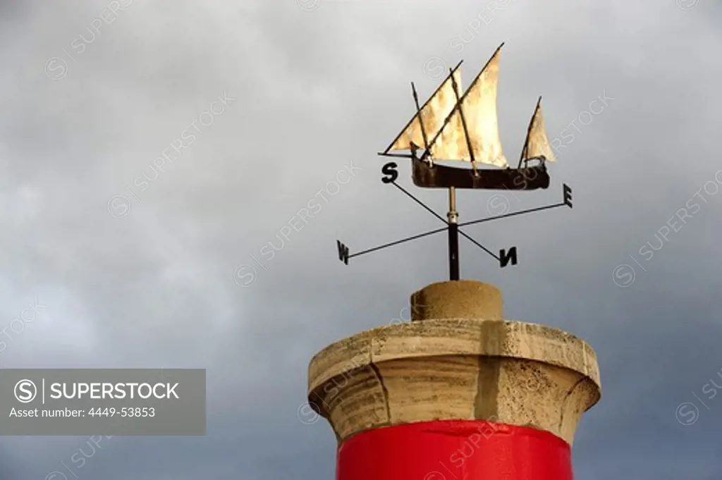 Little sailing boat, wind rose in the harbour, marina of Puerto de Pollensa, Port de Pollenca, Mallorca, Majorca, Balearic Islands, Spain, Europe