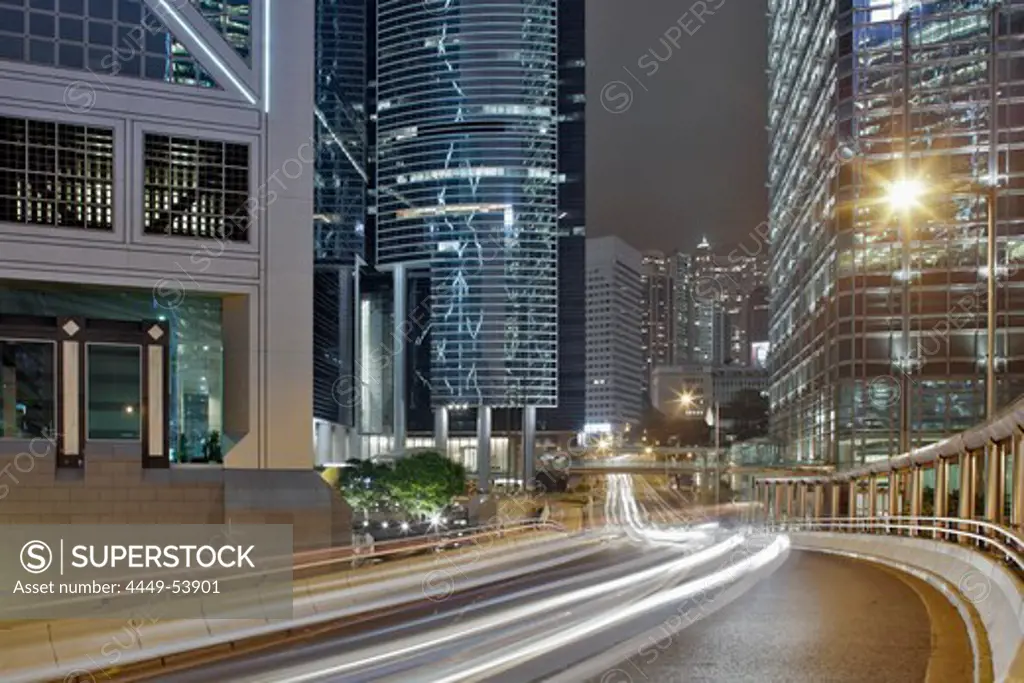 Garden Road at night with Citibank Plaza, Cheung Kong Center, Bank of China Tower, Hong Kong, China