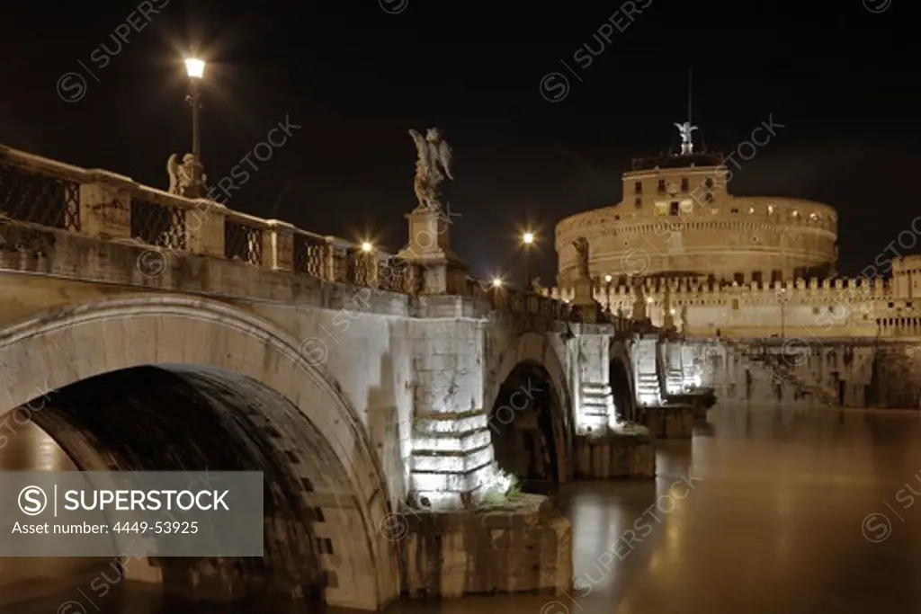 Ponte Sant Angelo and Castel Sant Angelo at night, Roma, Latium, Italy