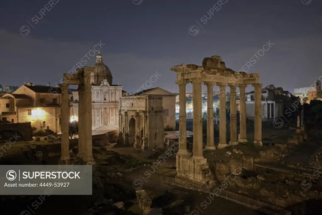 Forum Romanum, Temple of Saturn and Arch of Septimius Severus at night, Roma, Latium, Italy