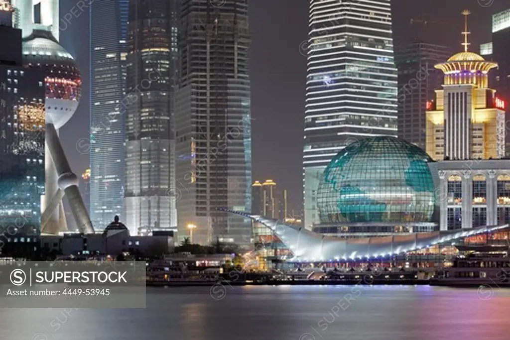 Oriental Pearl Tower and Shanghai International Convention Center at night, Huangpu Riverside, Pudong, Shanghai, China