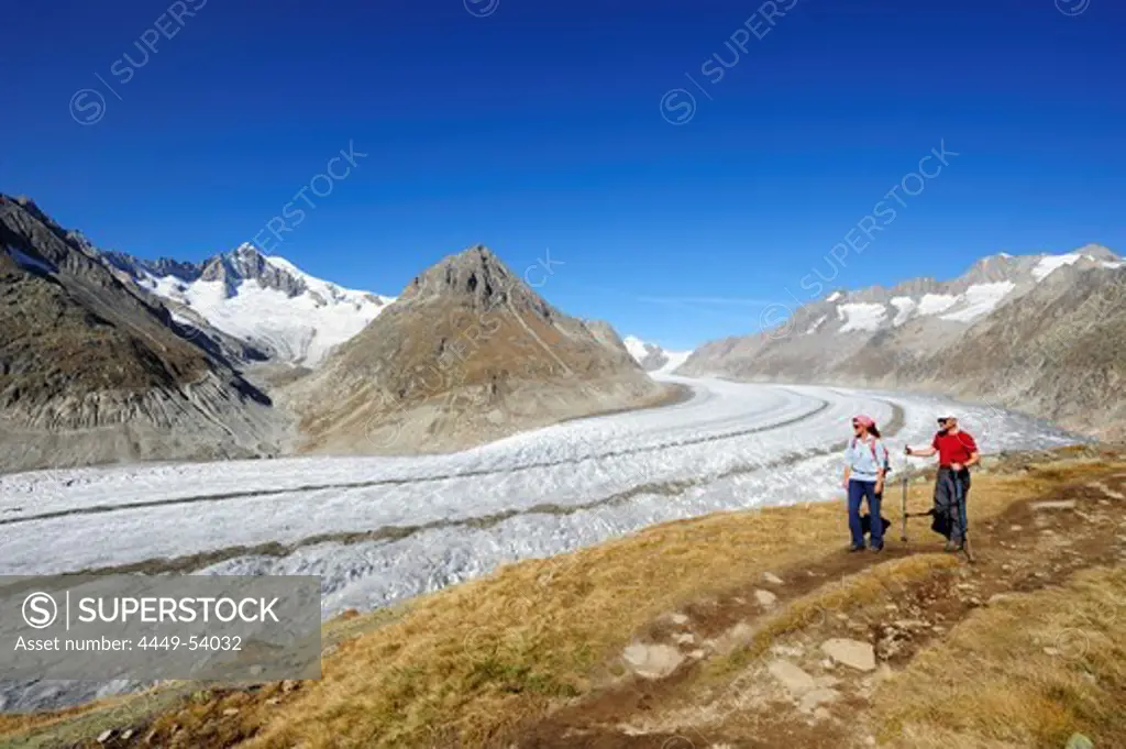 Couple hiking on track above glacier Grosser Aletschgletscher with Aletschhorn, Grosser Aletschgletscher, UNESCO World Heritage Site Swiss Alps Jungfrau - Aletsch, Bernese Alps, Valais, Switzerland, Europe