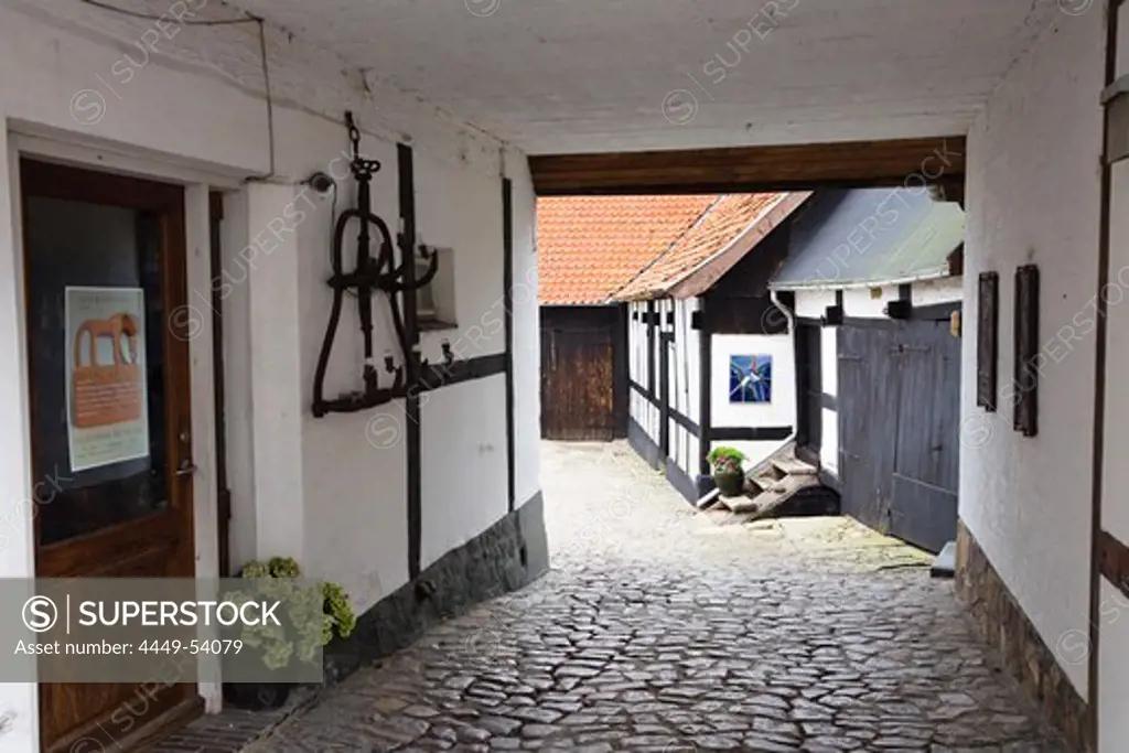 Gateway of a frame house, Gudhjem village, Bornholm, Denmark, Europe
