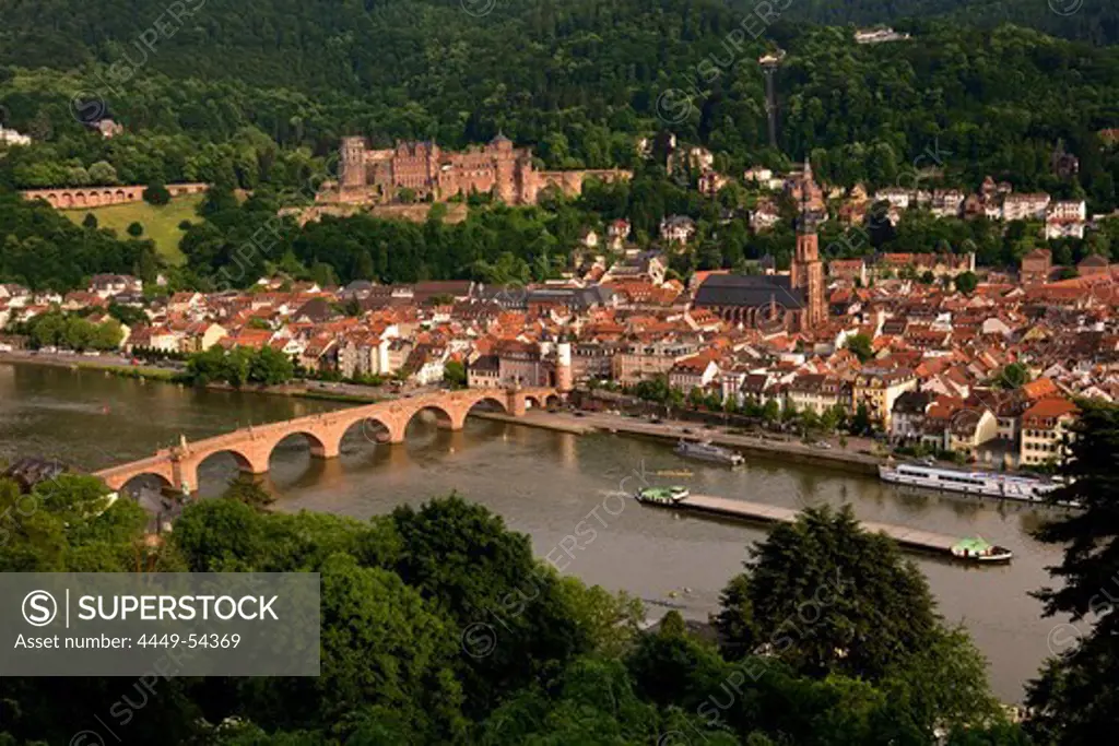 View at Heidelberg from Philosophenweg upon the old town with the castle, Heiliggeistkirche and Alte Bruecke, Heidelberg, Baden-Wuerttemberg, Germany, Europe