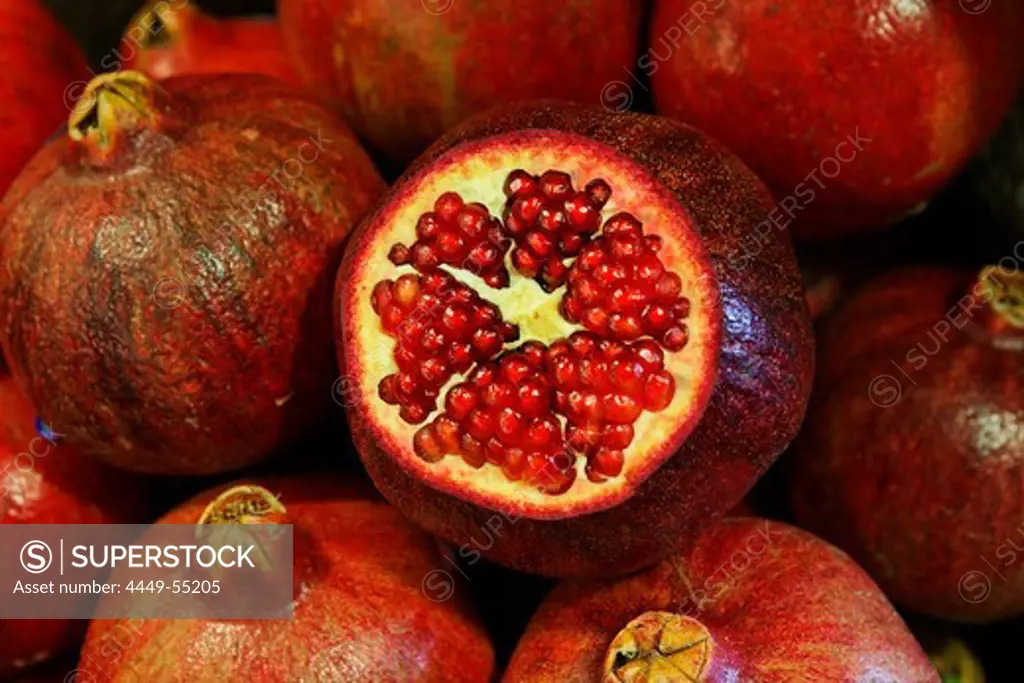 Close up of pomegranates, Market hall, Port Louis, Mauritius, Africa