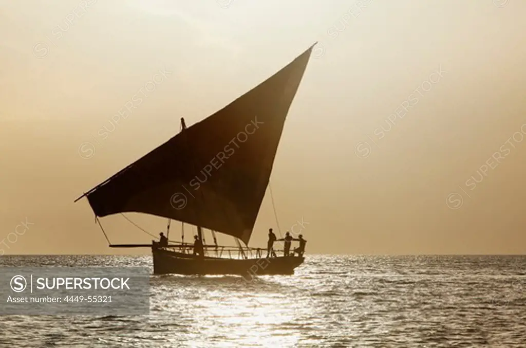 Dhow sailing along Stonetowns city beach, Zanzibar City, Zanzibar, Tanzania, Africa