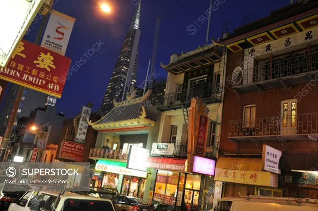 Houses and signs at Chinatown at night, San Francisco, California, USA, America