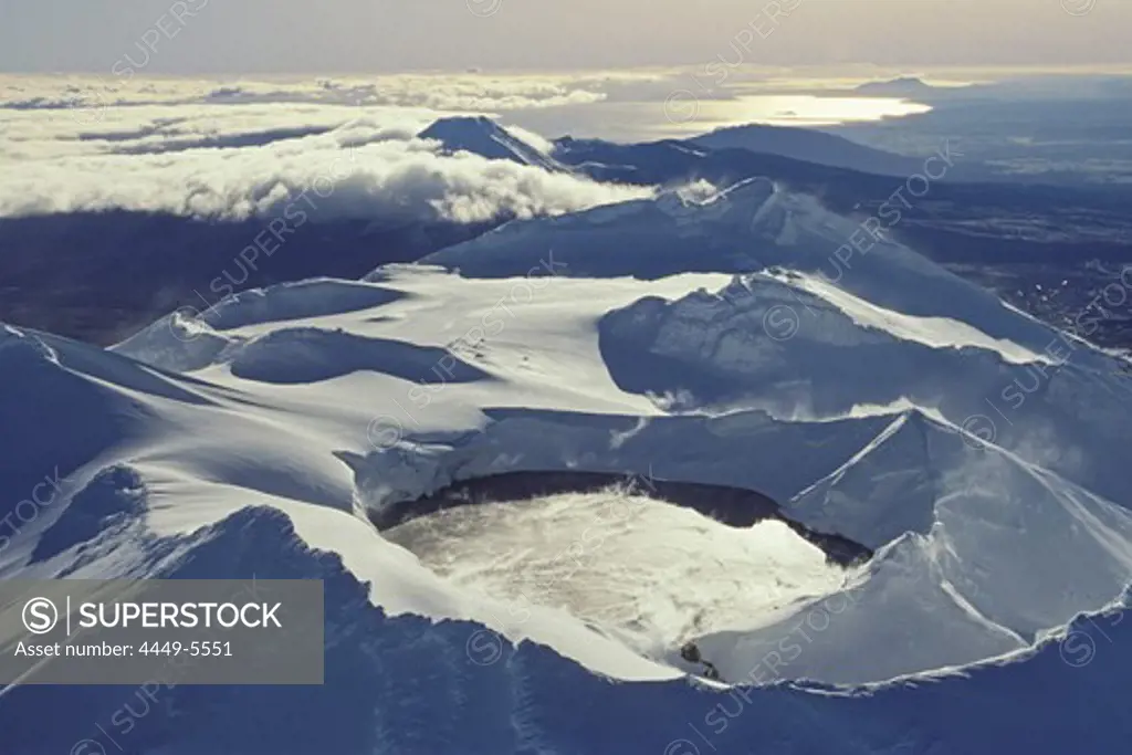 Aerial view of snow covered crater of Mount Ruapehu, Tongariro National Park, North Island, New Zealand, Oceania