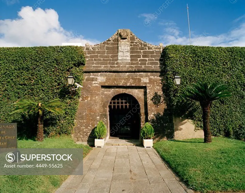Entrance to hotel Pousada de Portugal, Castello de Santa Cruz, above Horta harbour, Faial island, Azores, Portugal