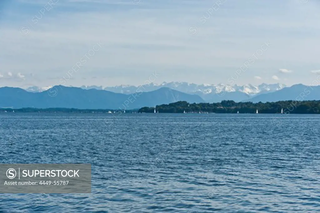 View over Lake Starnberg the the Alps, Tutzing, Bavaria, Germany