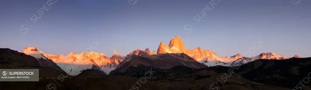 Cerro Torre and Mt. Fitz Roy at the first light of sunrise, Los Glaciares National Park, near El Chalten, Patagonia, Argentina