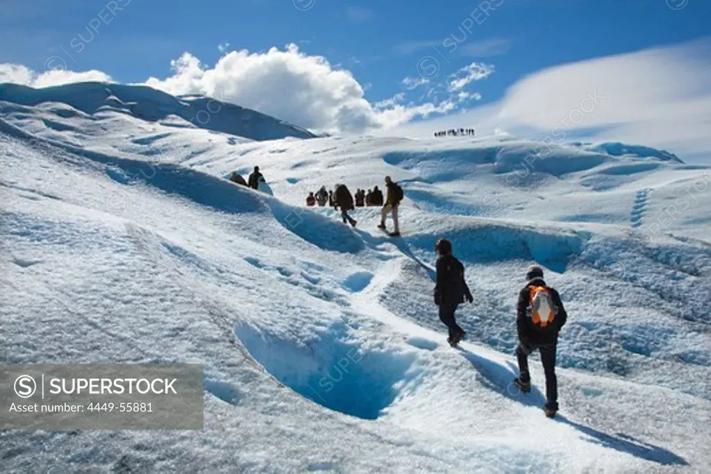 Ice trekking at Perito Moreno glacier, Lago Argentino, Los Glaciares National Park, near El Calafate, Patagonia, Argentina