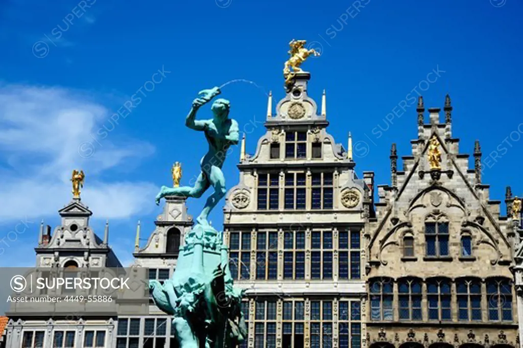 Brabo fountain, historic houses on the Grote Markt square, city centre, Antwerp, Anvers, Flanders, Belgium, Benelux