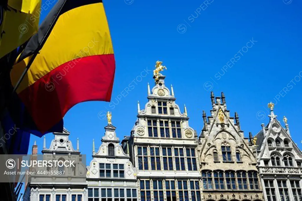 Belgium ensign, historic houses on the Grote Markt square, city centre, Antwerp, Anvers, Flanders, Belgium, Benelux