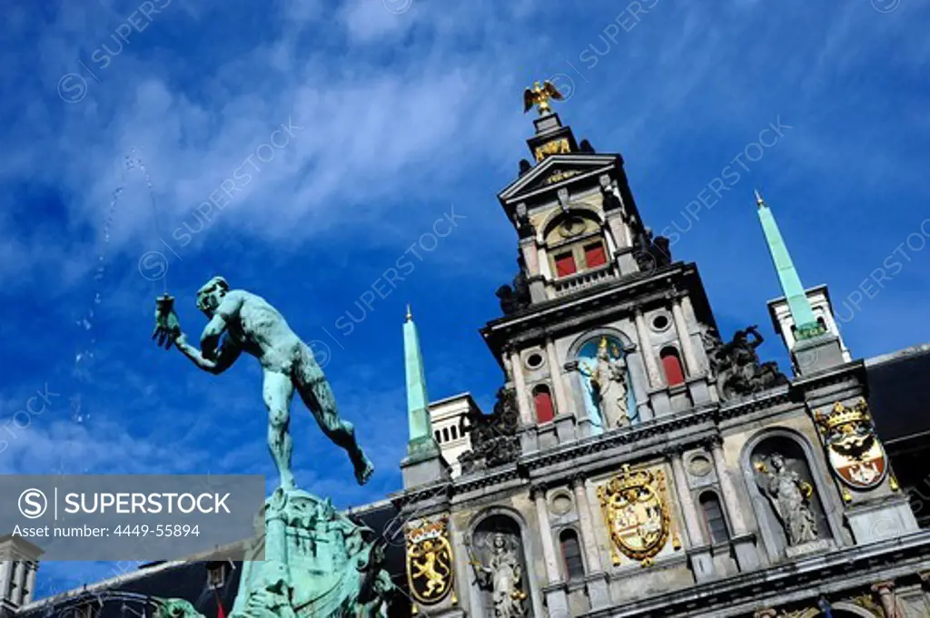 Brabo fountain and guildhall in renaissance style, Grote Markt square, city centre, Antwerp, Anvers, Flanders, Belgium, Benelux