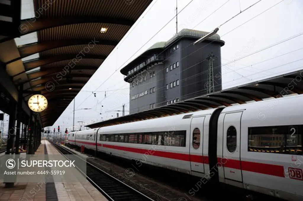 Departure platform, train and control tower at the central railway station, Frankfurt am Main, Hessen, Germany, Europe