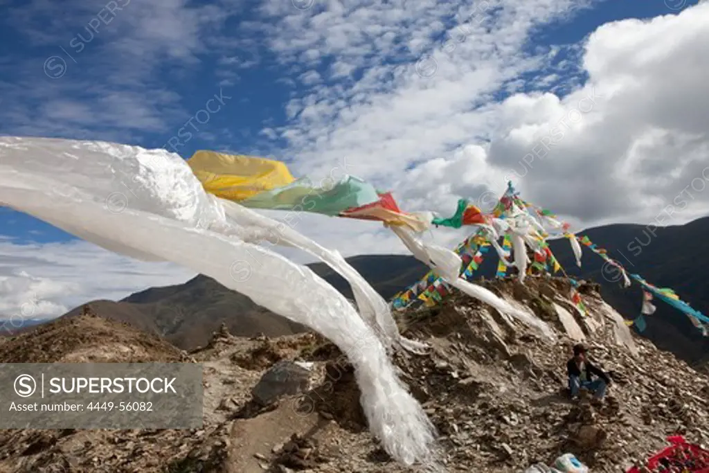 Prayers flags in the Transhimalaya Mountains on the Khampa La Pa, Tibet Autonomous Region, People's Republic of China
