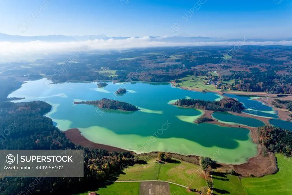 Aerial view over lakes Osterseen onto the Zugspitze, Upper Bavaria, Germany, Europe