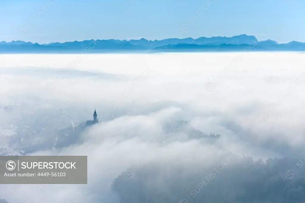 Aerial view of Andechs monastery under cloud cover, Wetterstein mountains in the background, District of Starnberg, Upper Bavaria, Germany, Europe