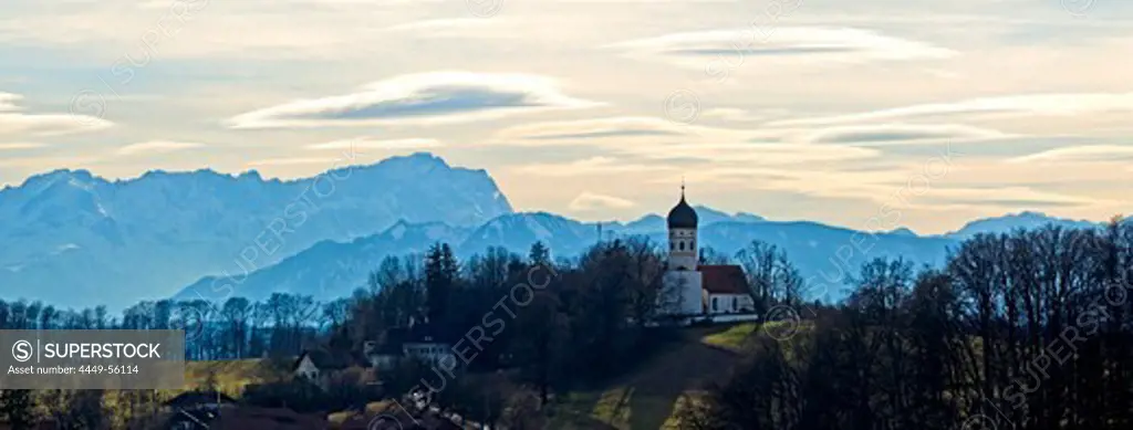 View of Holzhausen and the Zugspitze, Upper Bavaria, Germany, Europe